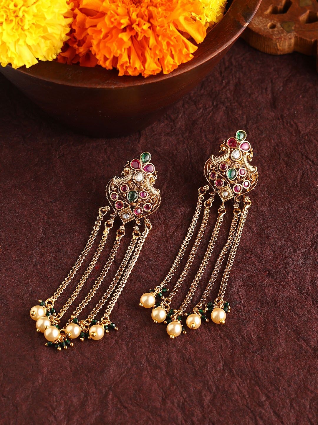 

Priyaasi Gold-Plated Stone Studded & Beaded Peacock Shaped Tasselled Drop Earrings