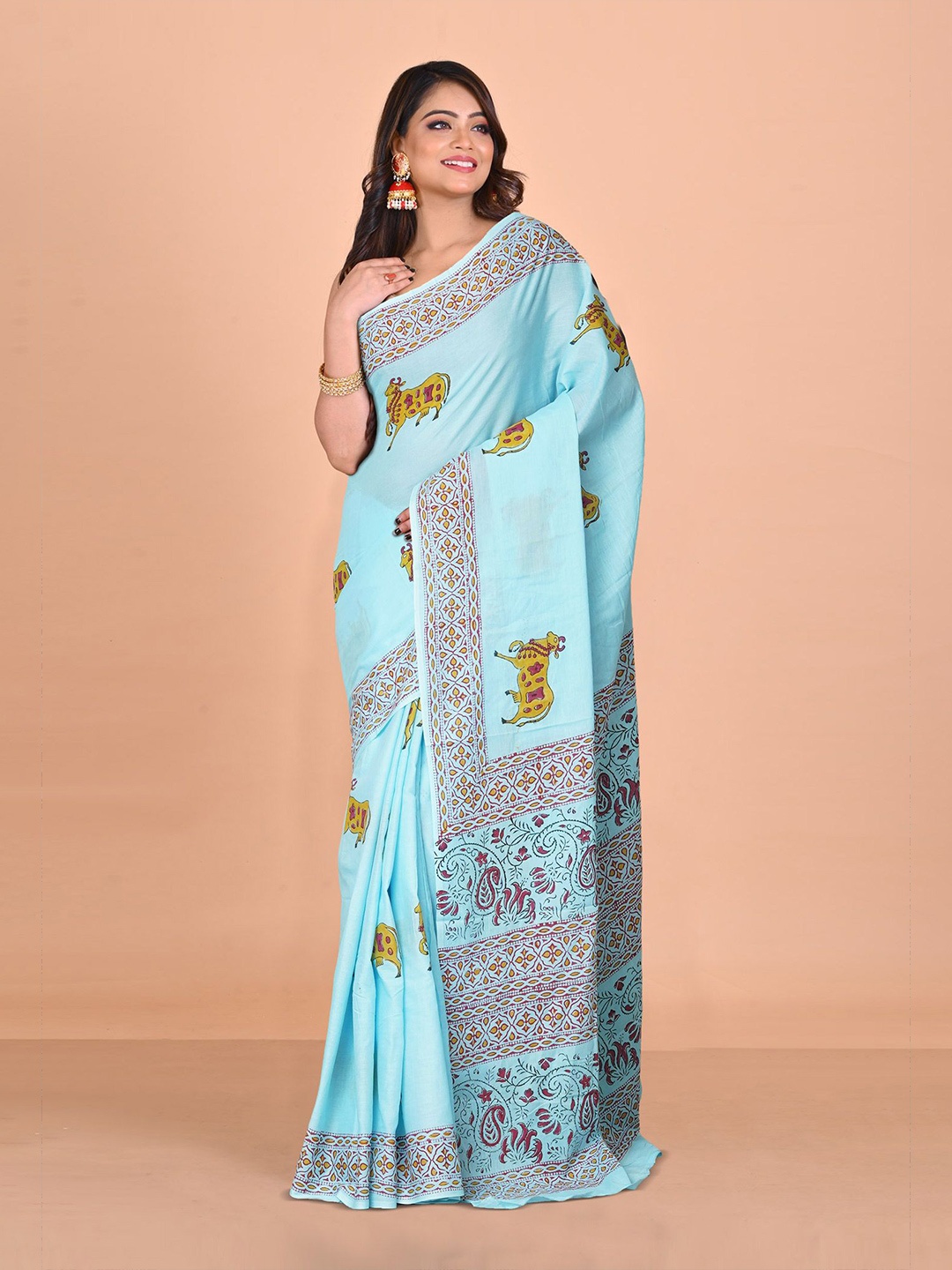 

Unnati Silks Pure Cotton Handloom Block Print Saree, Blue