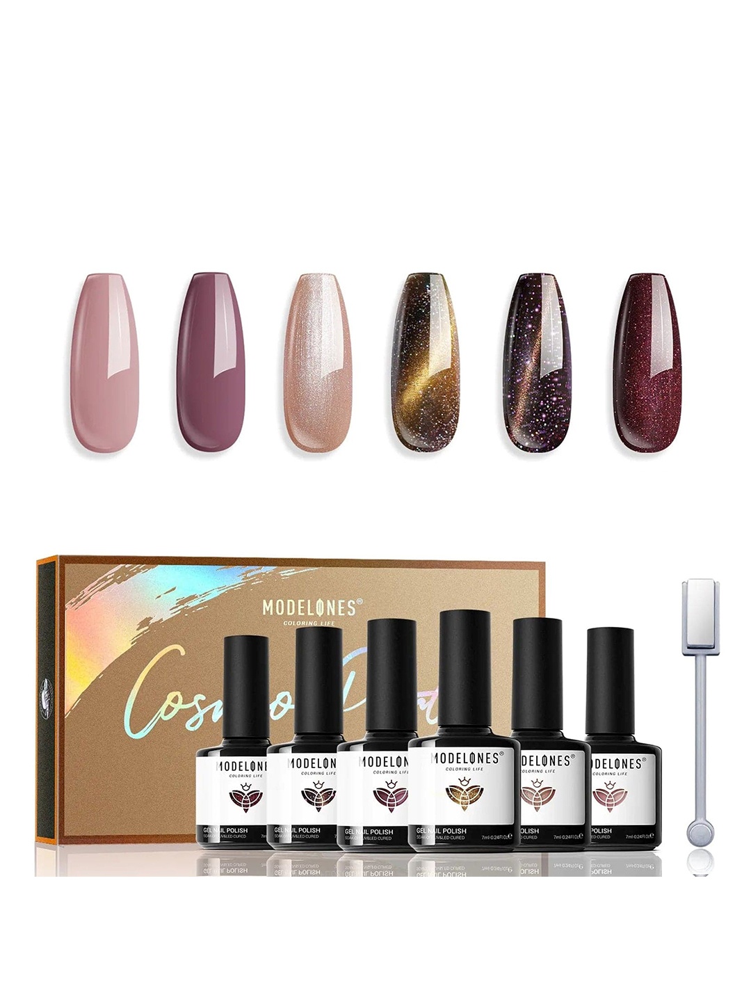 

Modelones Set Of 6 Cosmo Cat Eye Gel Nail Polish - 7 ml Each - Glitter Waves, Brown