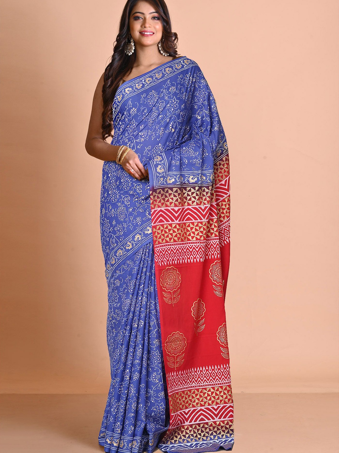 

Unnati Silks Pure Cotton Handloom Block Print Saree, Blue