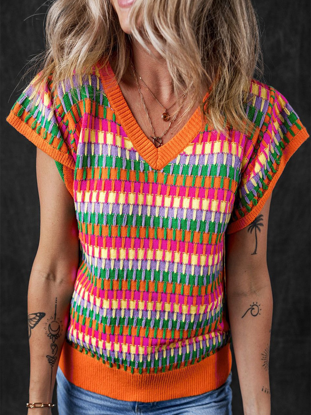 

StyleCast Women Striped V-Neck Short Sleeves Pullover, Orange