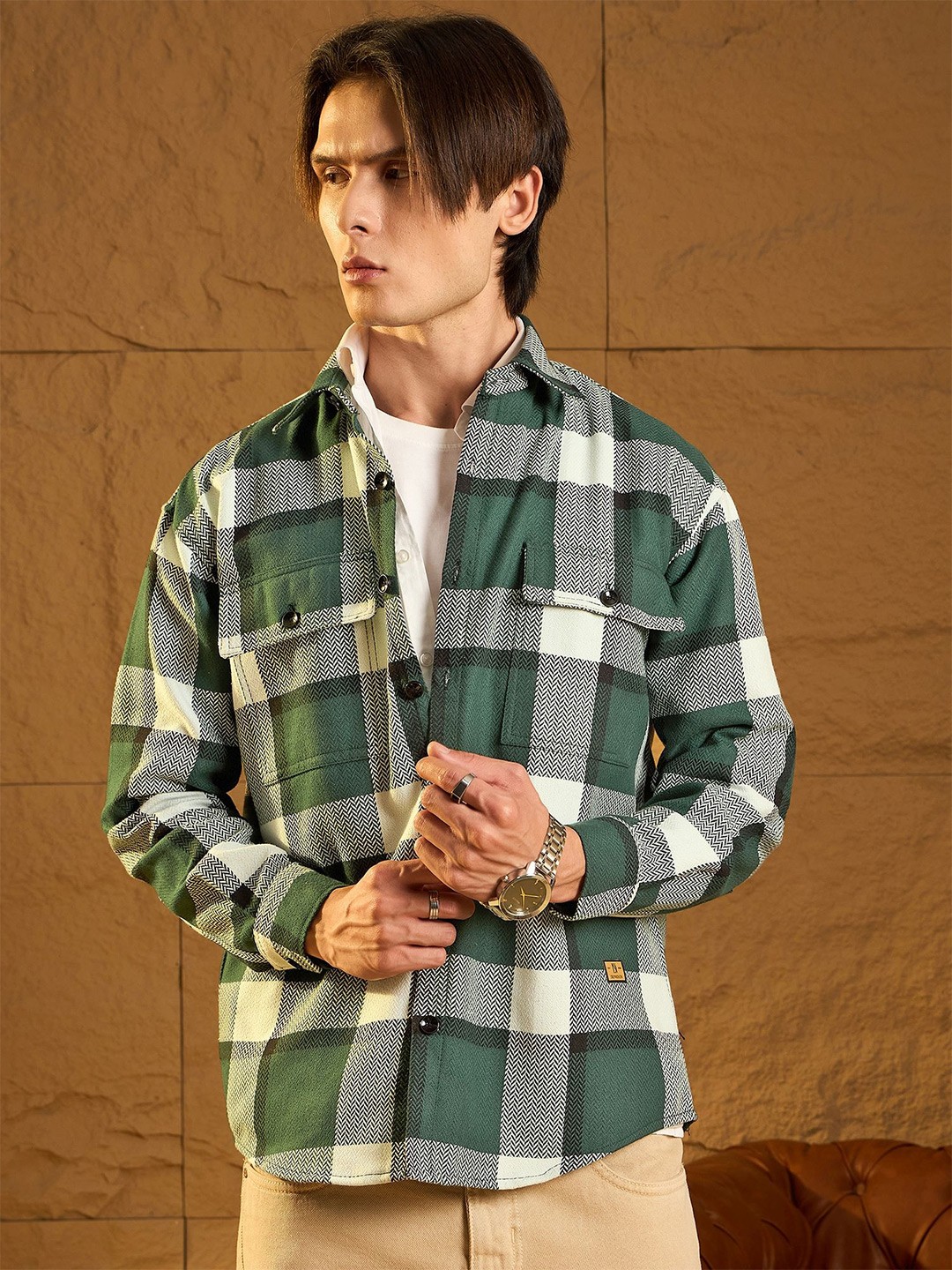 

DENNISON Men Double Pocket Drop Shoulder Oversized Cotton Checked Shacket, Green