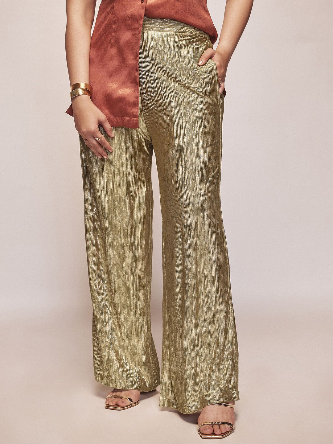 

The Label Life Women Textured Flared High-Rise Trouser, Gold