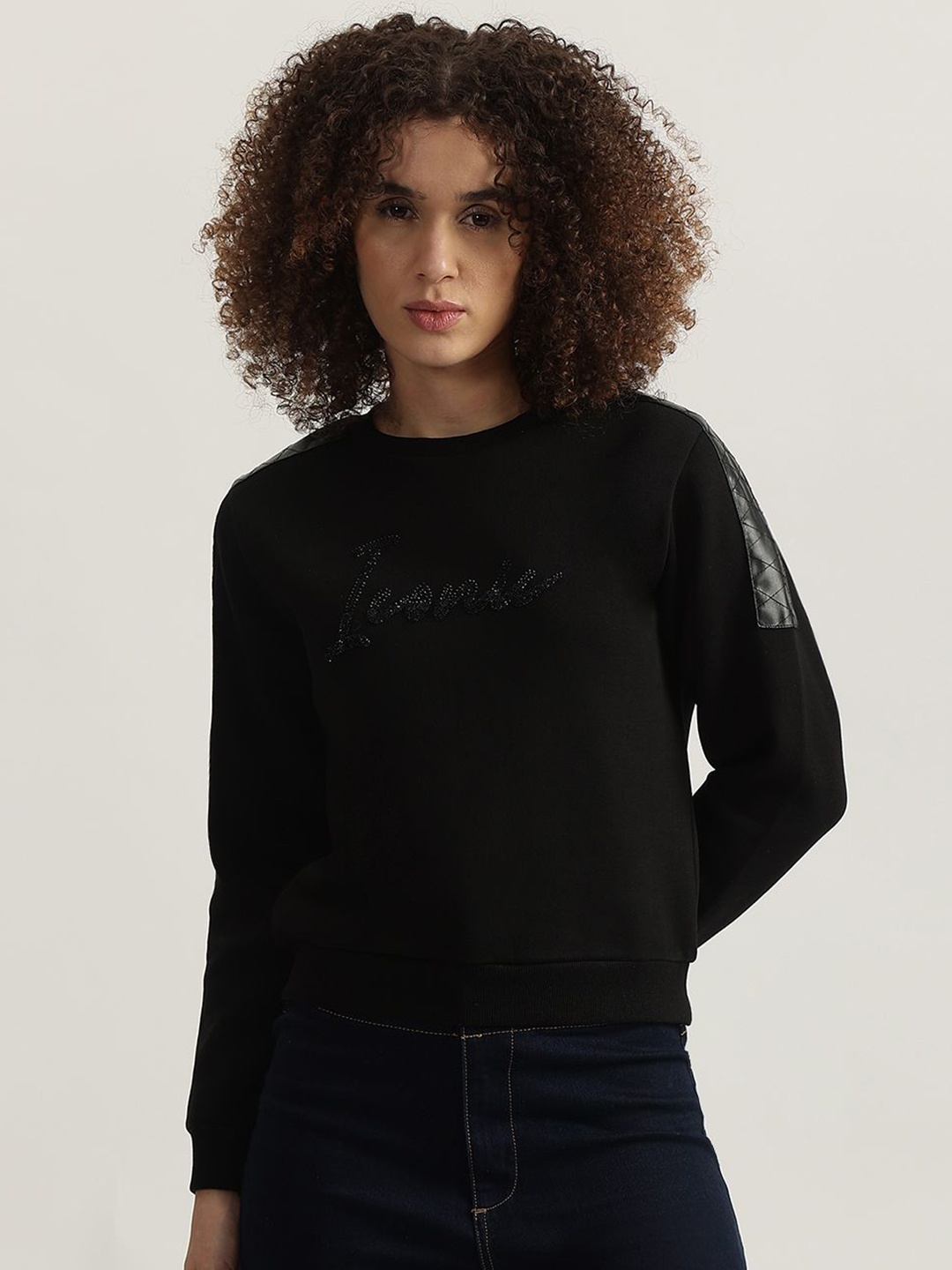 

Iconic Women Cotton Round Neck Sweatshirt, Black