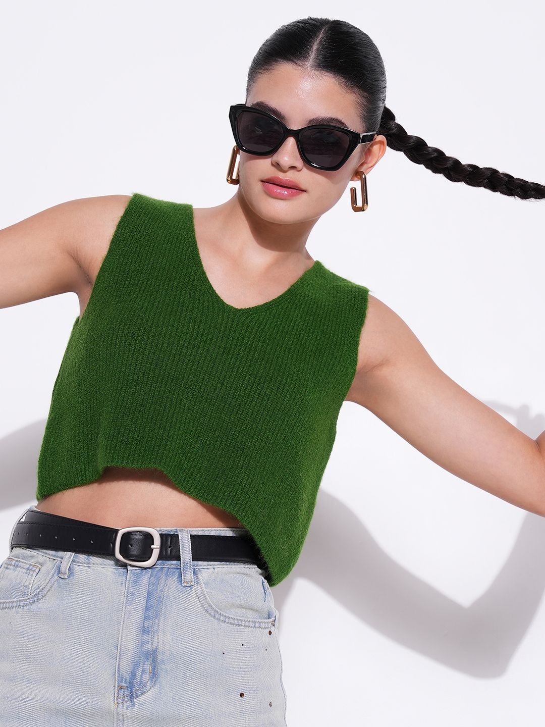 

SHOWOFF Women V - Neck Sleeveless Crop Top, Green