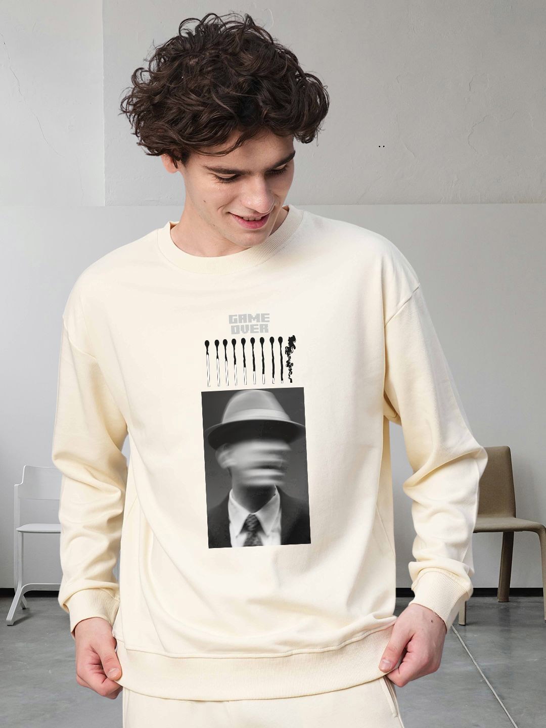 

PRONK Men Cotton Printed Round Neck Full Sleeves Sweatshirt, Off white
