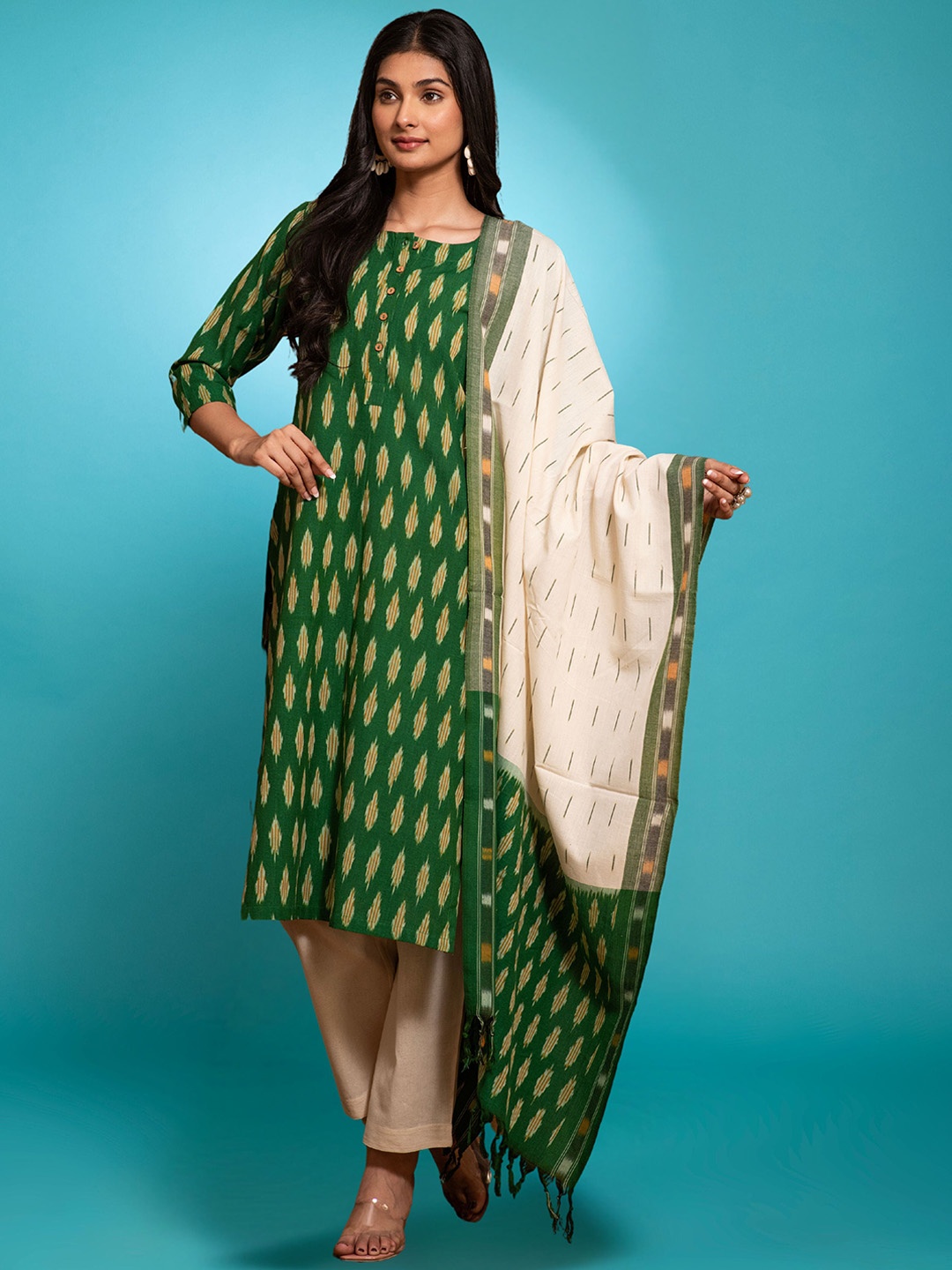 

Kasturi Creations Geometric Printed Pure Cotton Straight Kurta With Trouser & Dupatta, Green