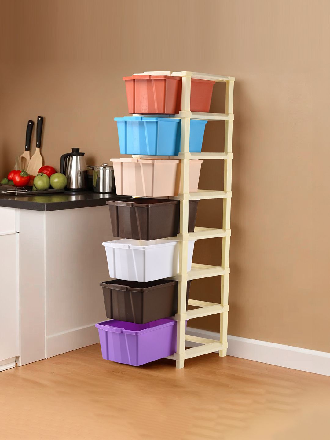 

Kuber Industries Brown & Blue 7-Tier Collapsible Storage Drawer for Kitchen