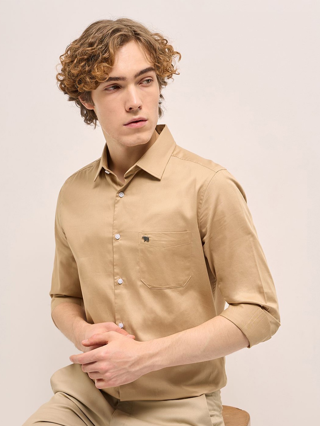 

THE BEAR HOUSE Pure Cotton Tailored Fit Opaque Formal Shirt, Beige