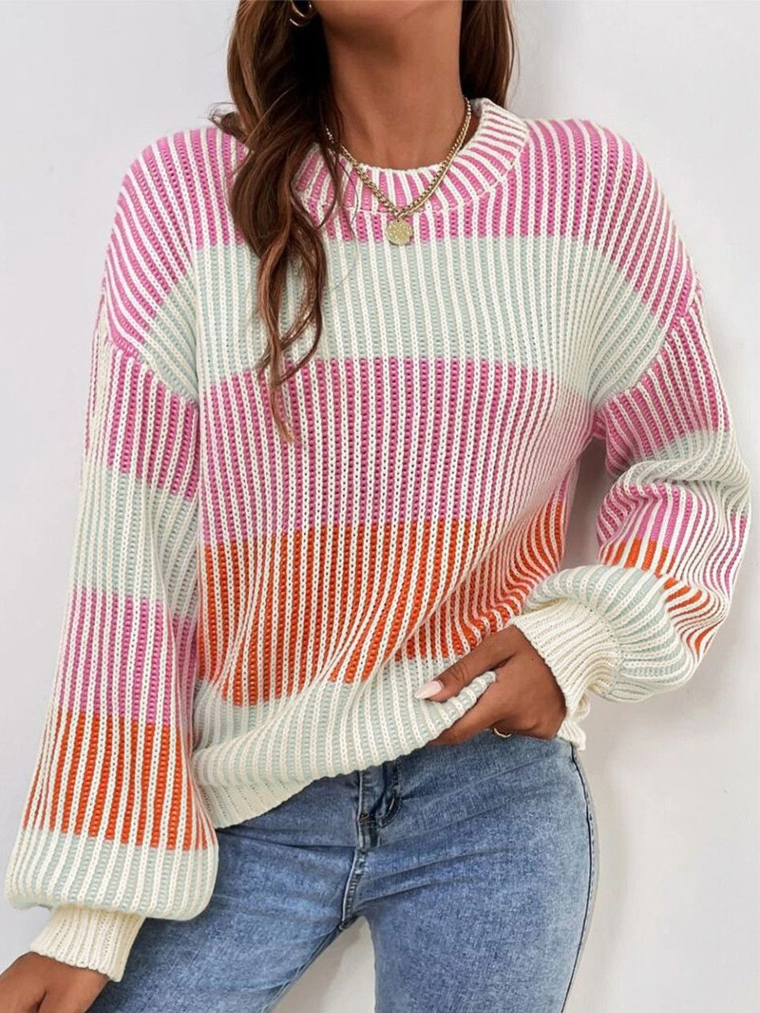 

StyleCast Women Striped Round Neck Pullover Sweater, Pink