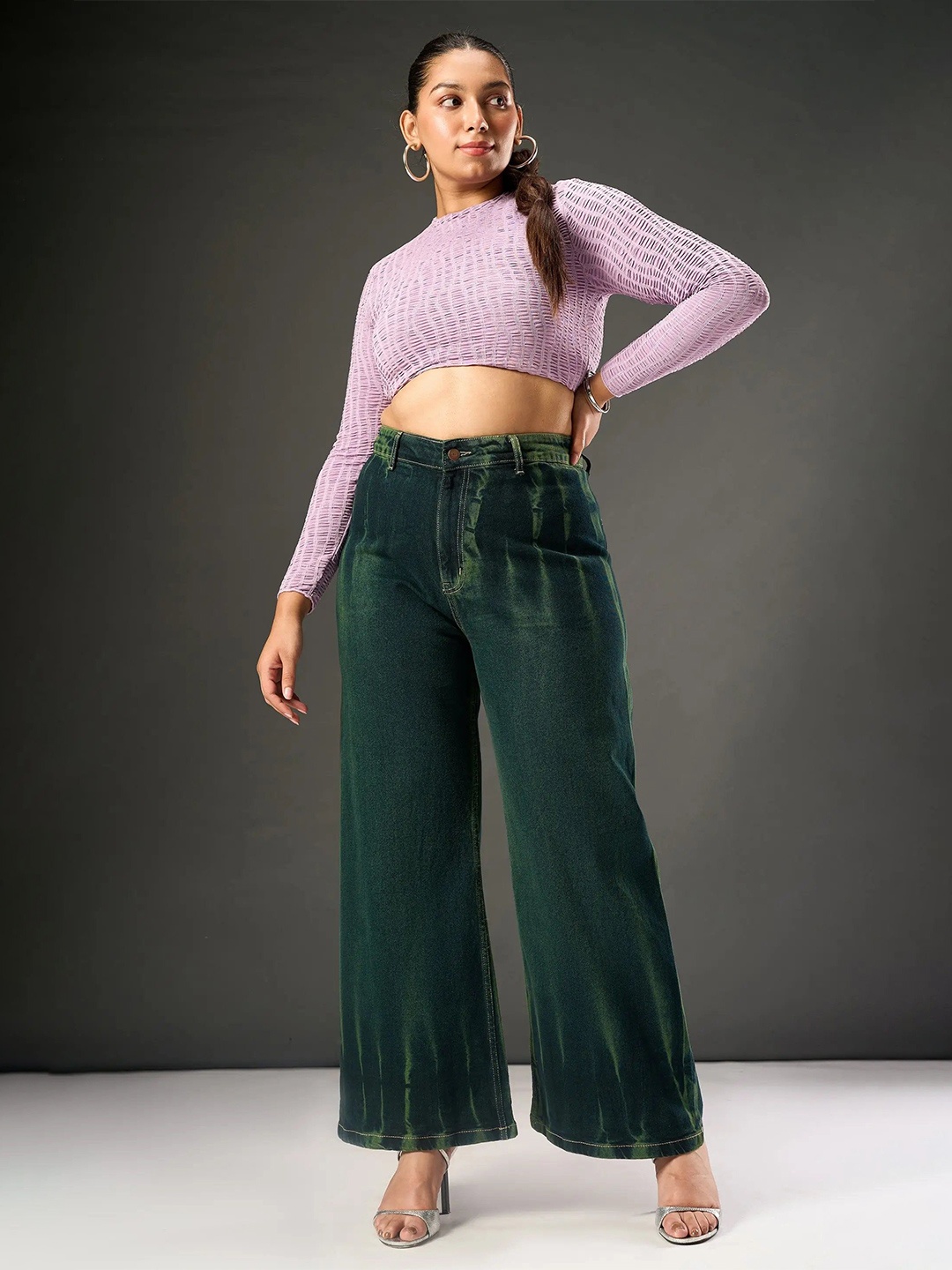 

FREAKINS Women Flared High-Rise Heavy Fade Acid Wash Stretchable Jeans, Green