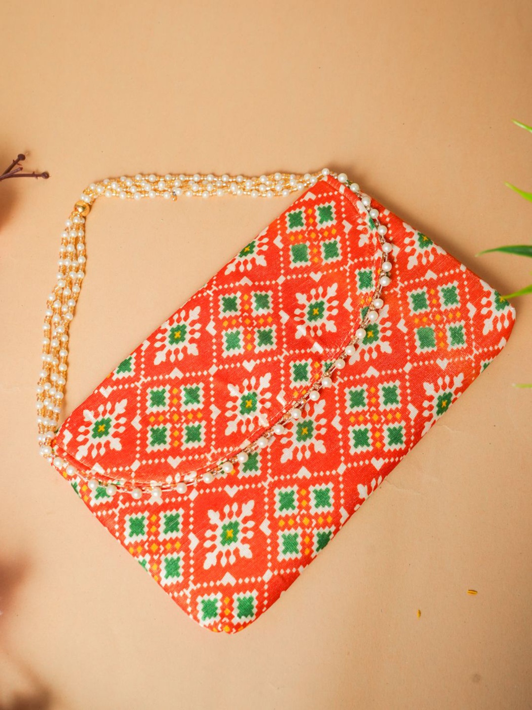 

VIRAASI Embroidered Patola Silk Clutch, Orange