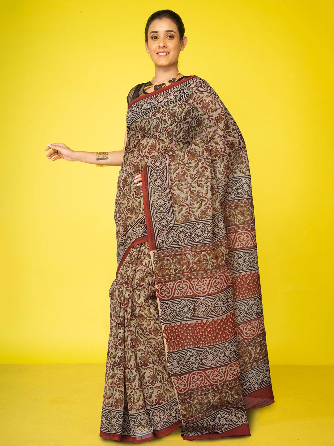 

Unnati Silks Ethnic Printed Pure Cotton Handloom Kota Saree, Cream