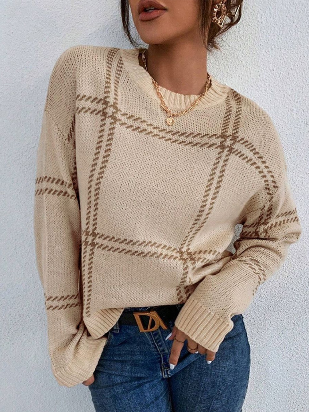 

StyleCast Women Checked Round Neck Woollen Pullover, Khaki