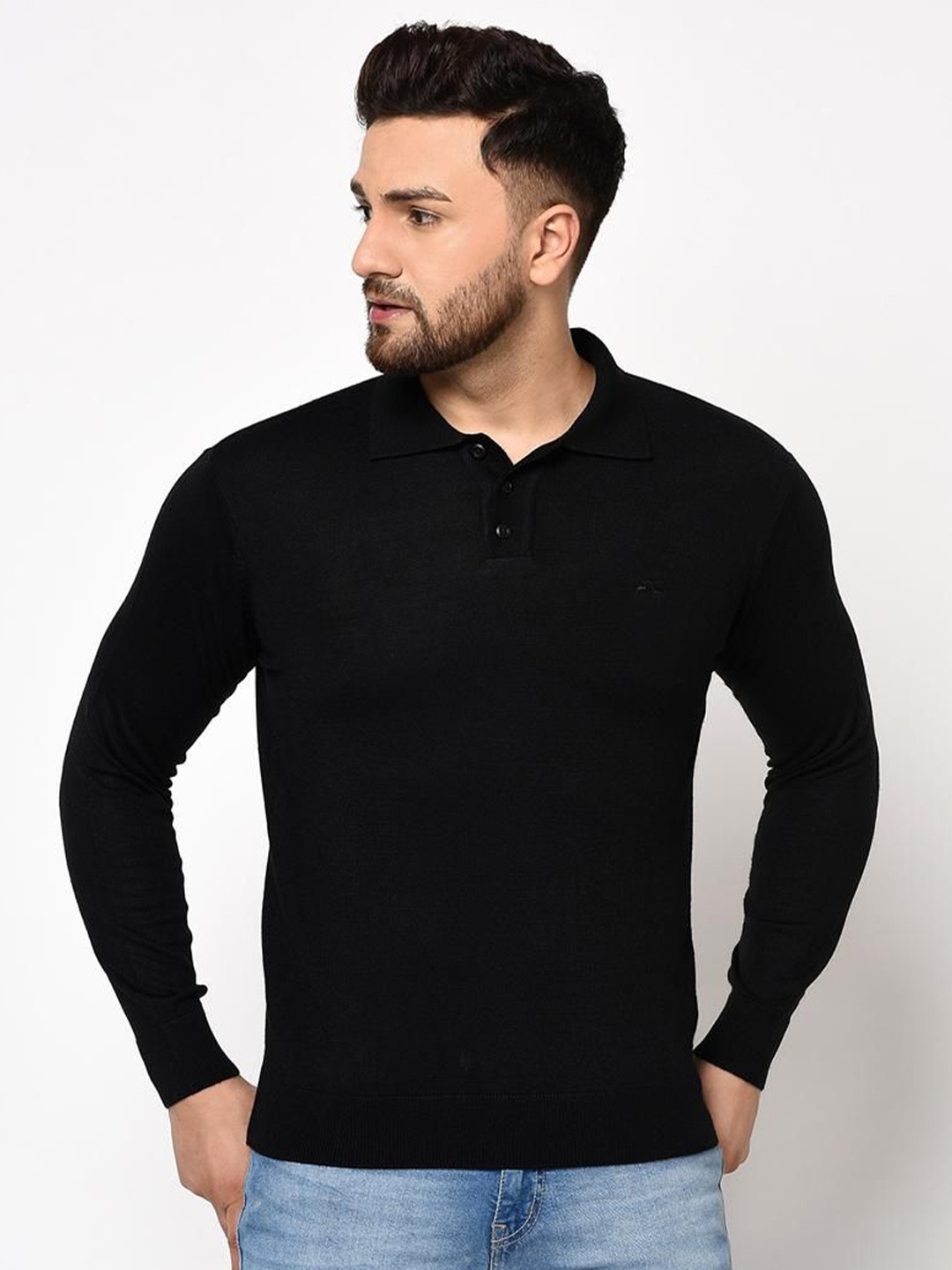 

98 Degree North Men Woollen Lapel Collar Long Sleeves Pullover Sweaters, Black