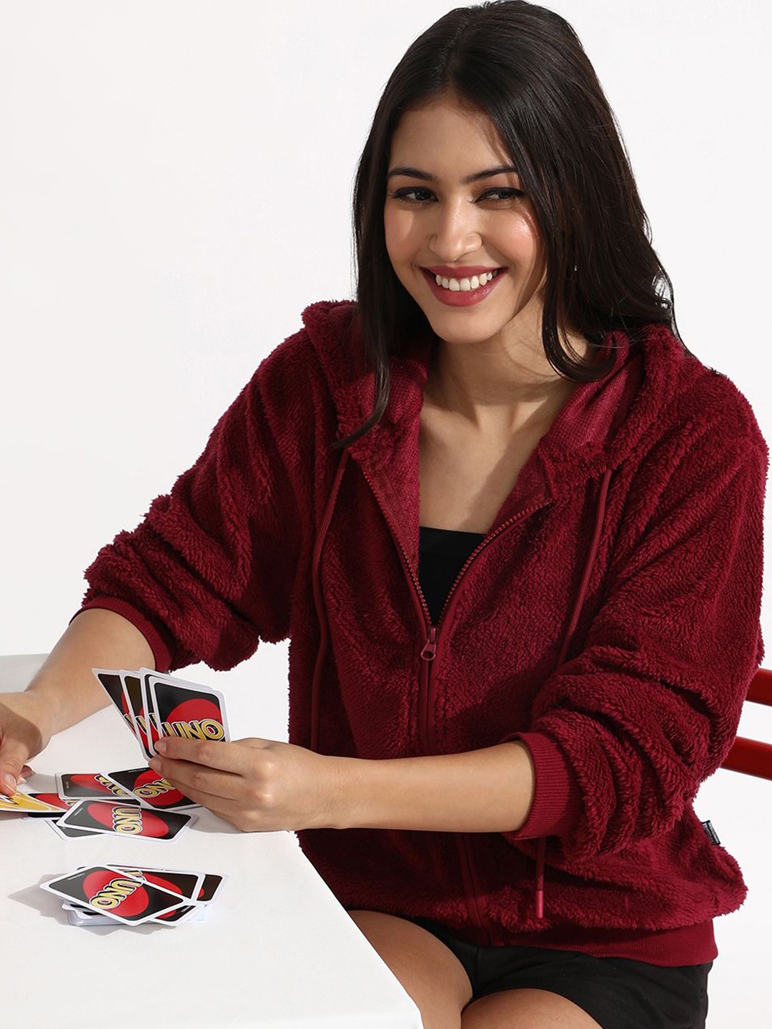 

Campus Sutra Women Hooded Long Sleeves Front-Open Sweatshirt, Red
