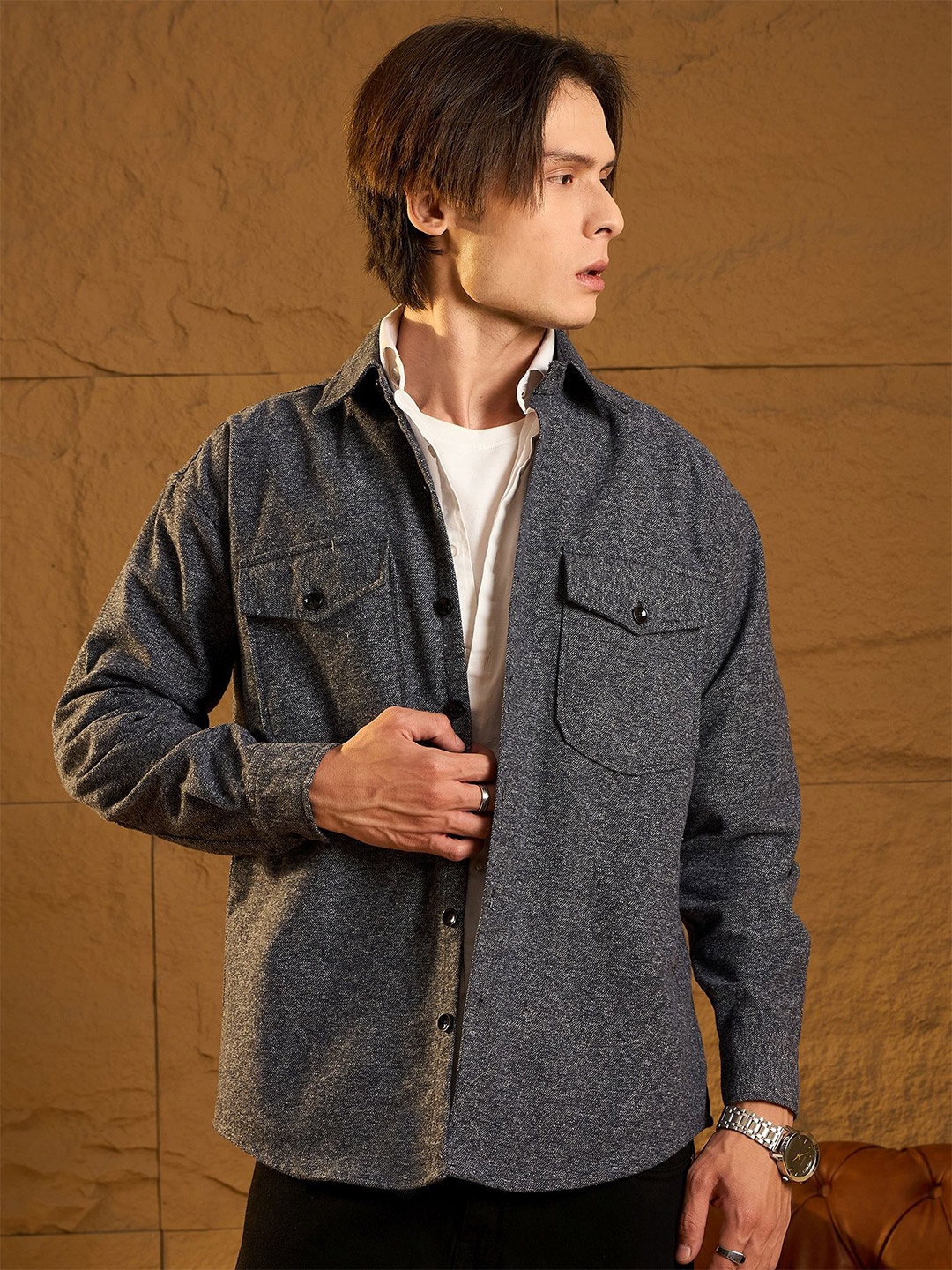 

DENNISON Men Double Flap Pocket Drop Shoulder Oversized Cotton Shacket, Grey