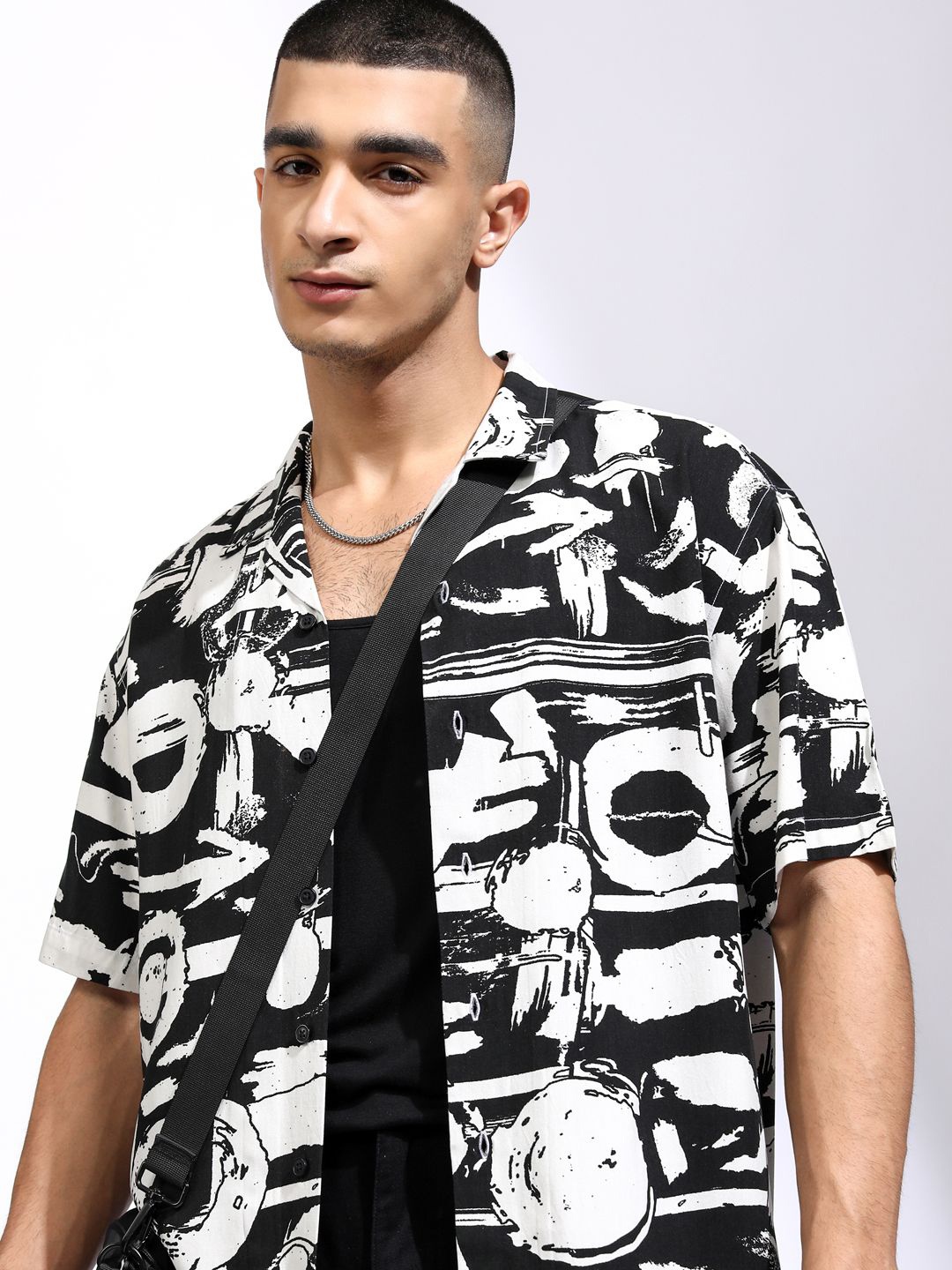 

KETCH Men Viscose Abstract Printed Cuban Collar Relaxed Shirt, Black