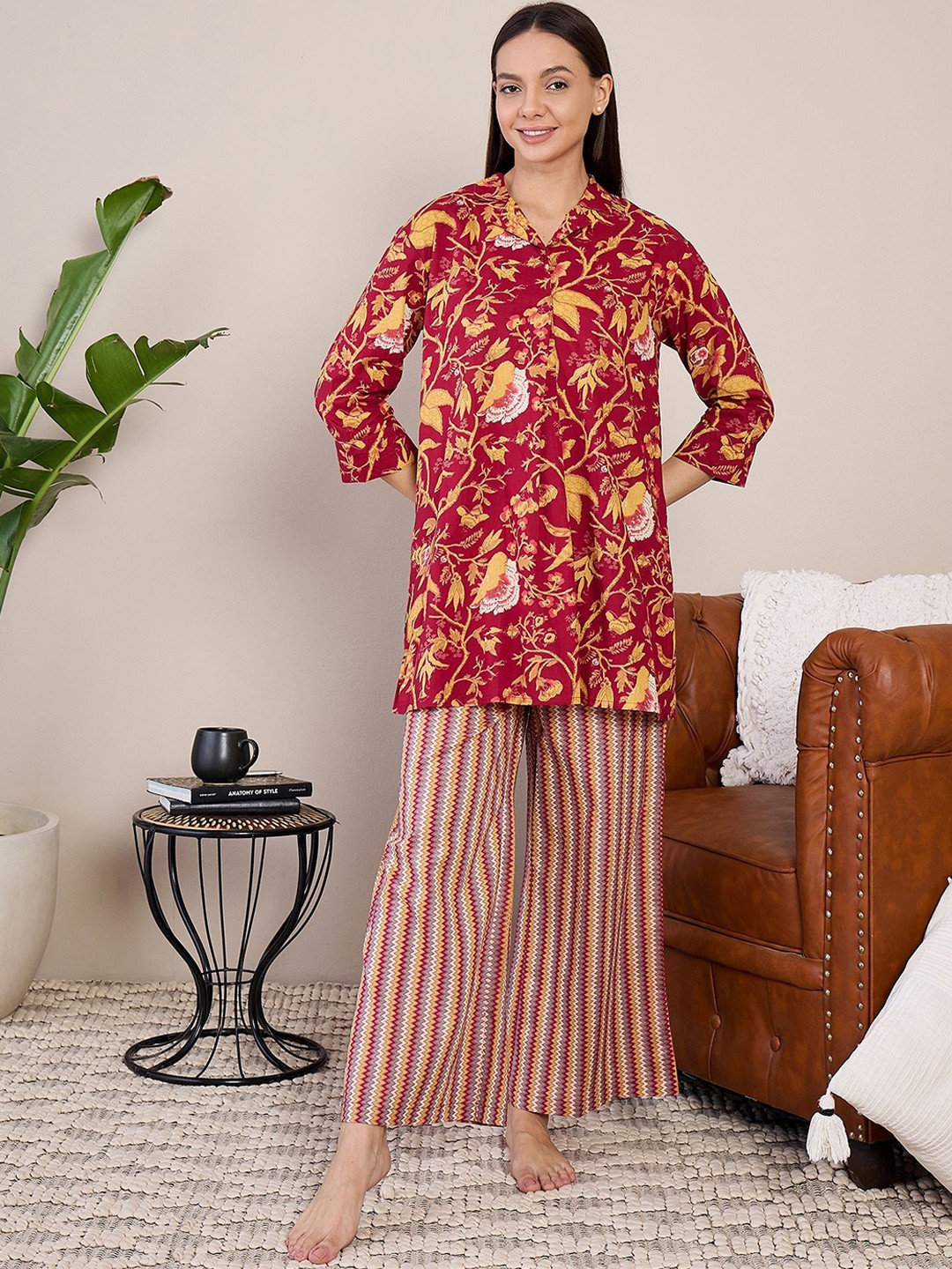

July Women Floral Printed Pure Cotton Night suit, Maroon