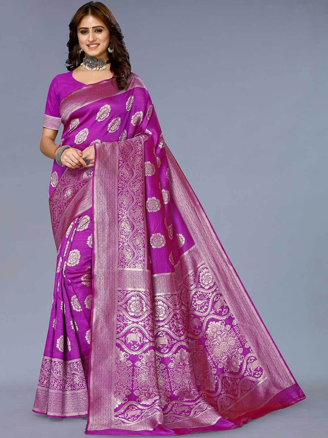 

Florence Woven Design Zari Pure Silk Banarasi Saree, Purple