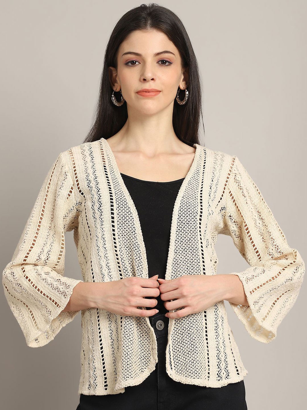 

Rute Self Design Pure Cotton Open Front Shrug, Cream