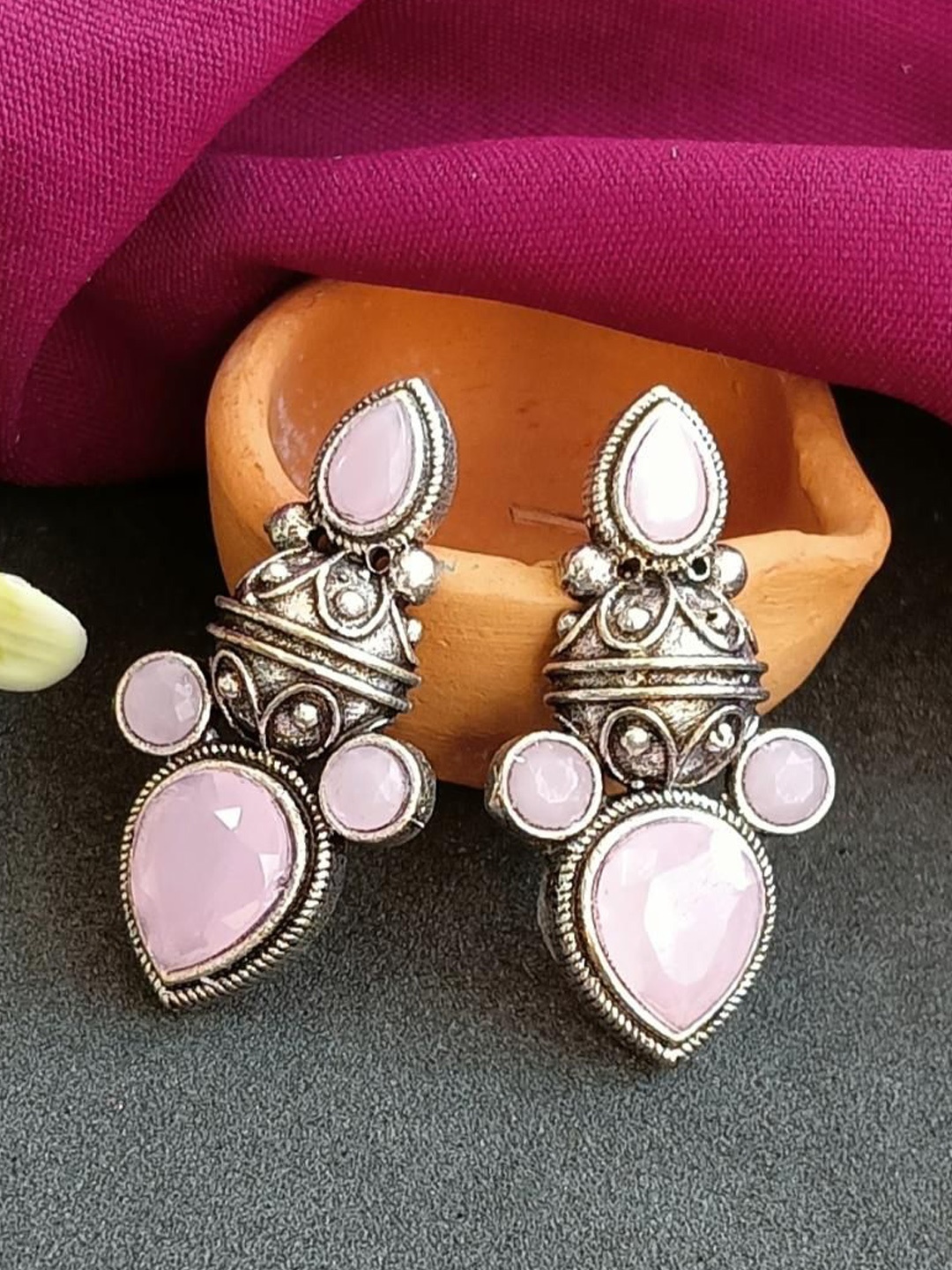 

Efulgenz Rhodium Plated Crystal Studded Contemporary Oxidised Drop Earrings, Silver