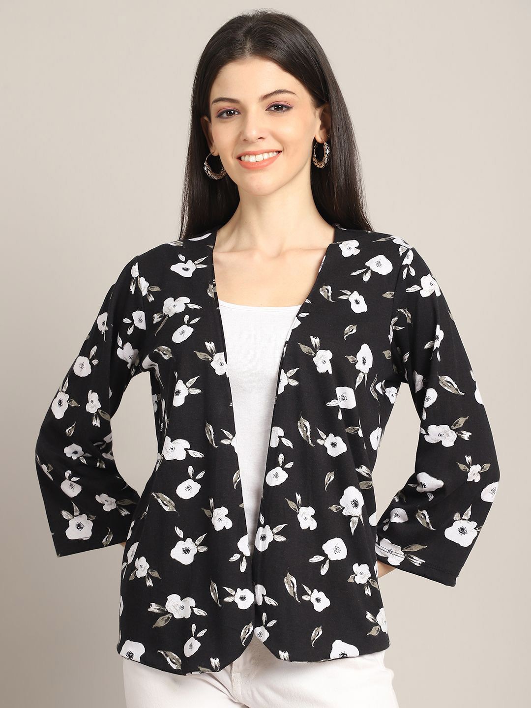 

Rute Floral Printed Pure Cotton Open Front Shrug, Black
