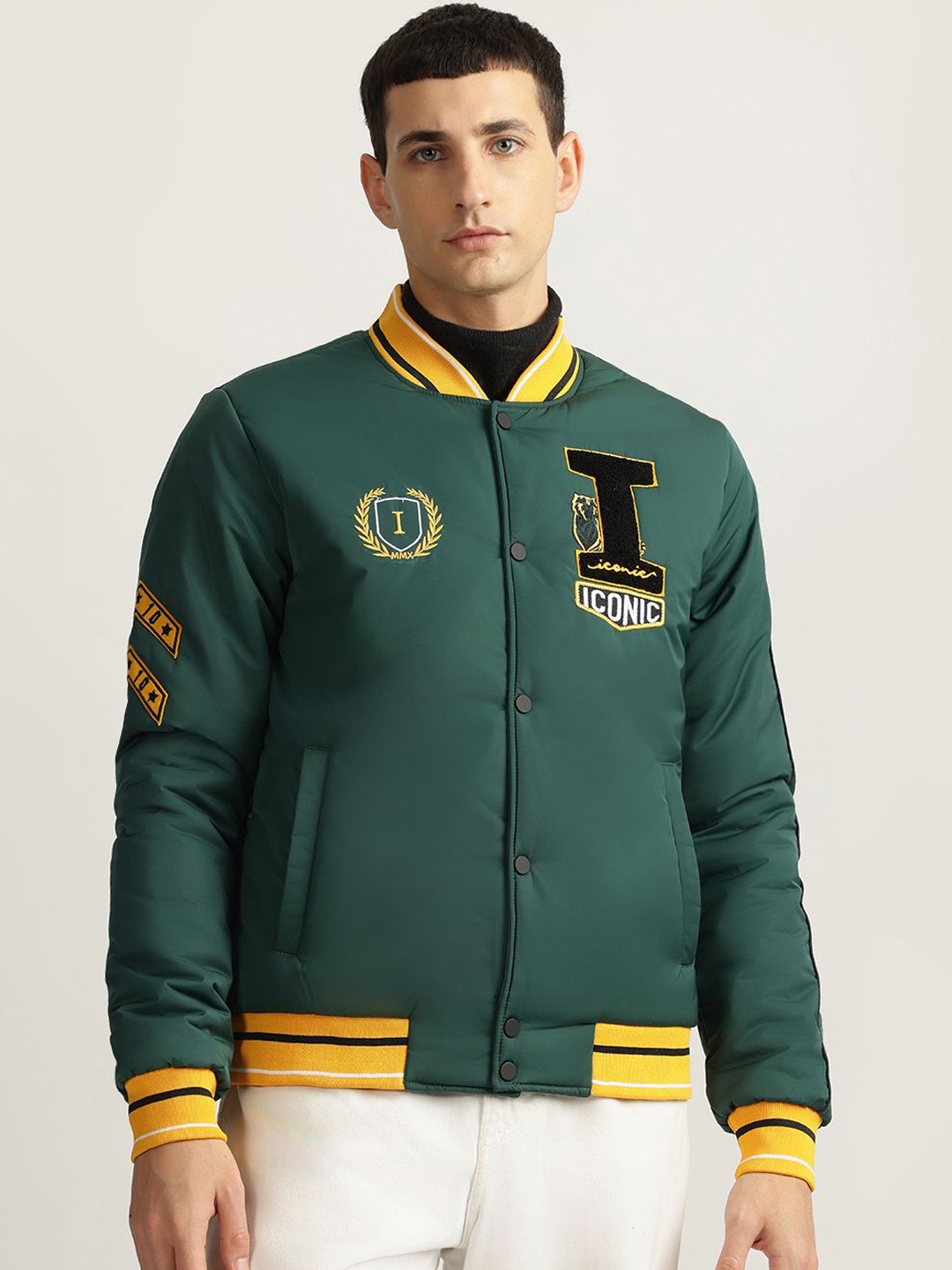 

Iconic Men Typography Embroidered Varsity Jacket, Green