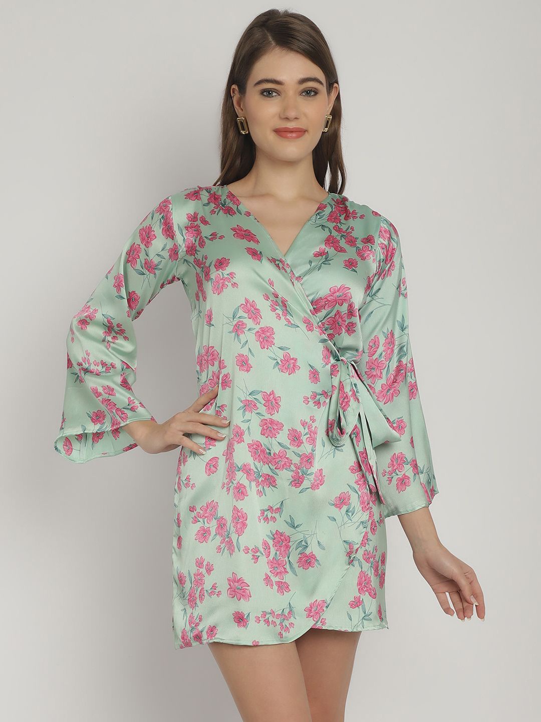 

Blissence Floral Printed Bell Sleeve Satin Wrap Dress, Green