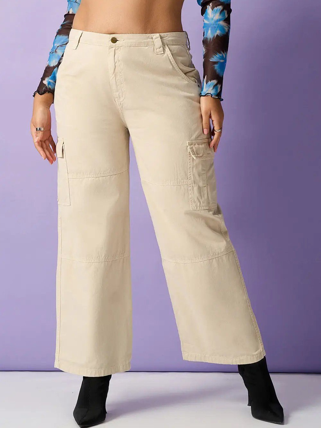 

FREAKINS Women Jean Straight Fit High-Rise Cotton Cargo Style Jeans, Beige