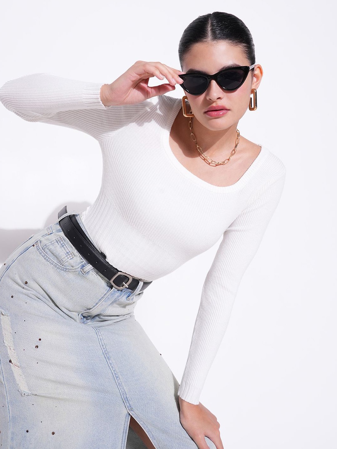 

SHOWOFF Women Striped Long Sleeves Crop Top, White
