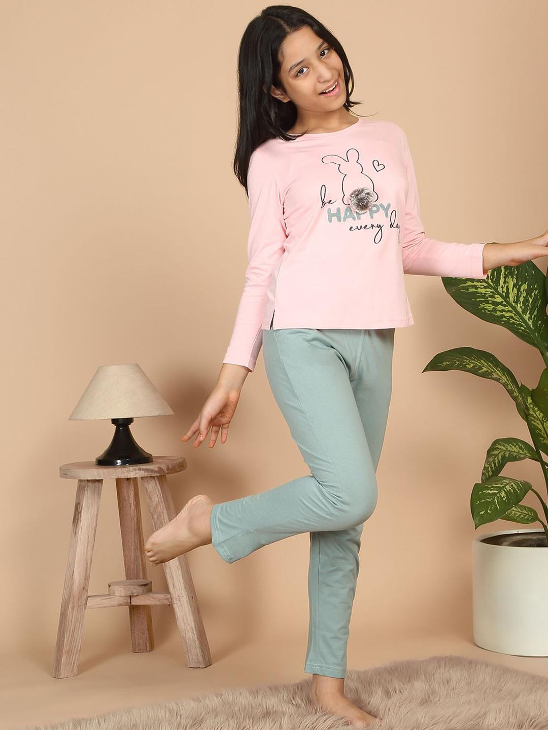 

Sweet Dreams Girls Graphic Printed Top & Pyjama Night suit, Pink