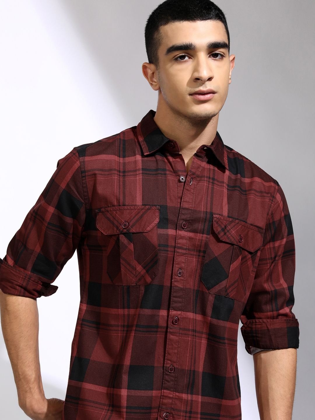 

HIGHLANDER Men Sulphur Washed Checked Utility Pocket Casual Shirt, Maroon