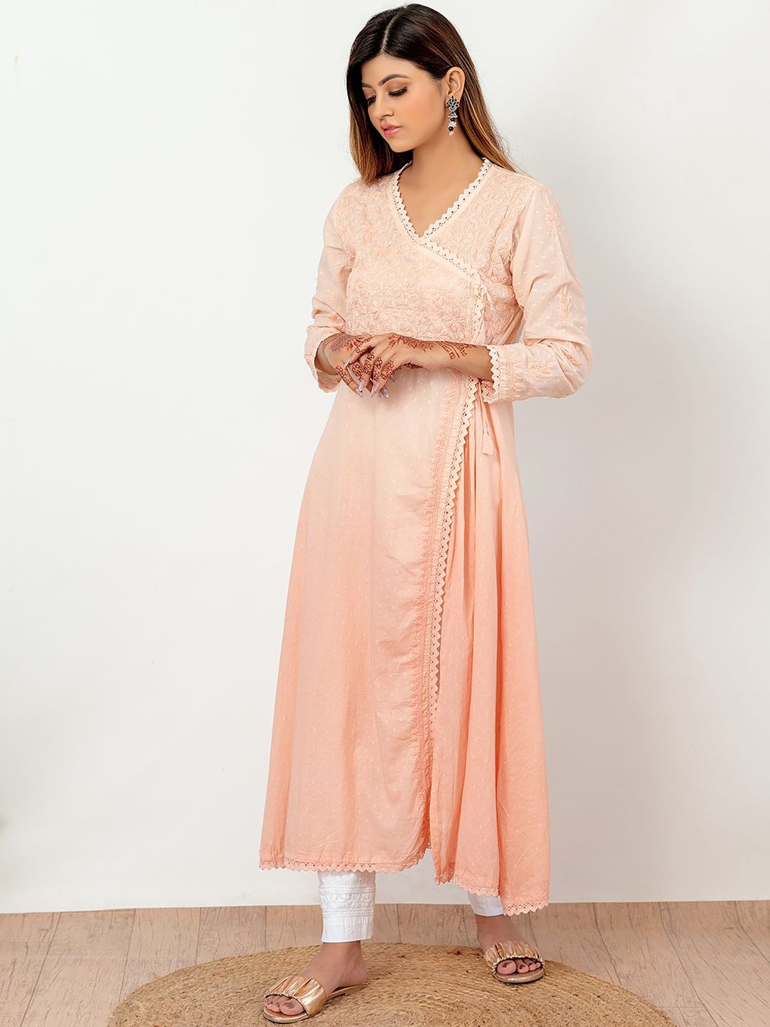 

The Chikan Label Floral Embroidered Chikankari V-Neck Angrakha Cotton A-Line Kurta, Peach