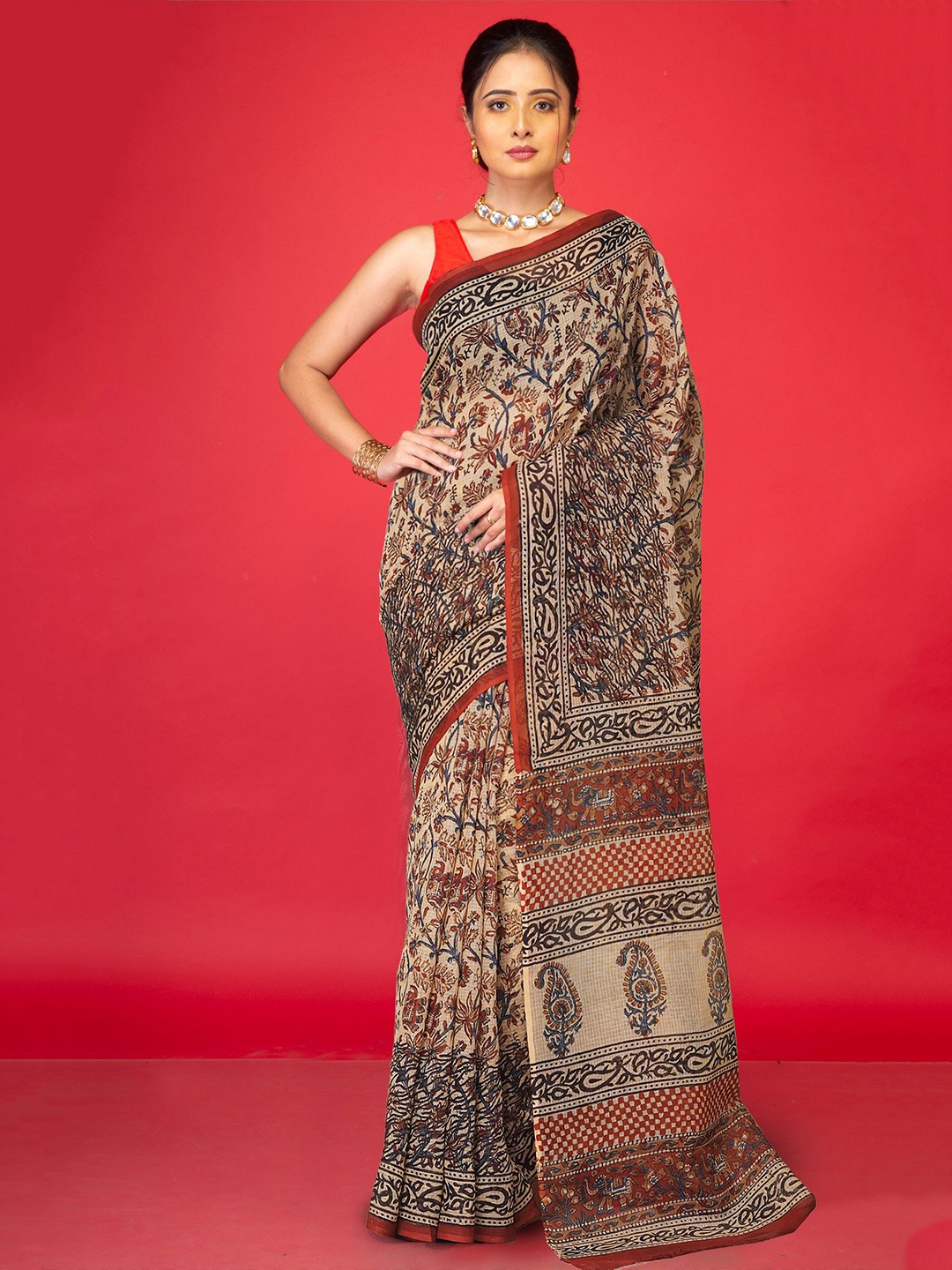 

Unnati Silks Printed Pure Cotton Handloom Kota Saree, Cream