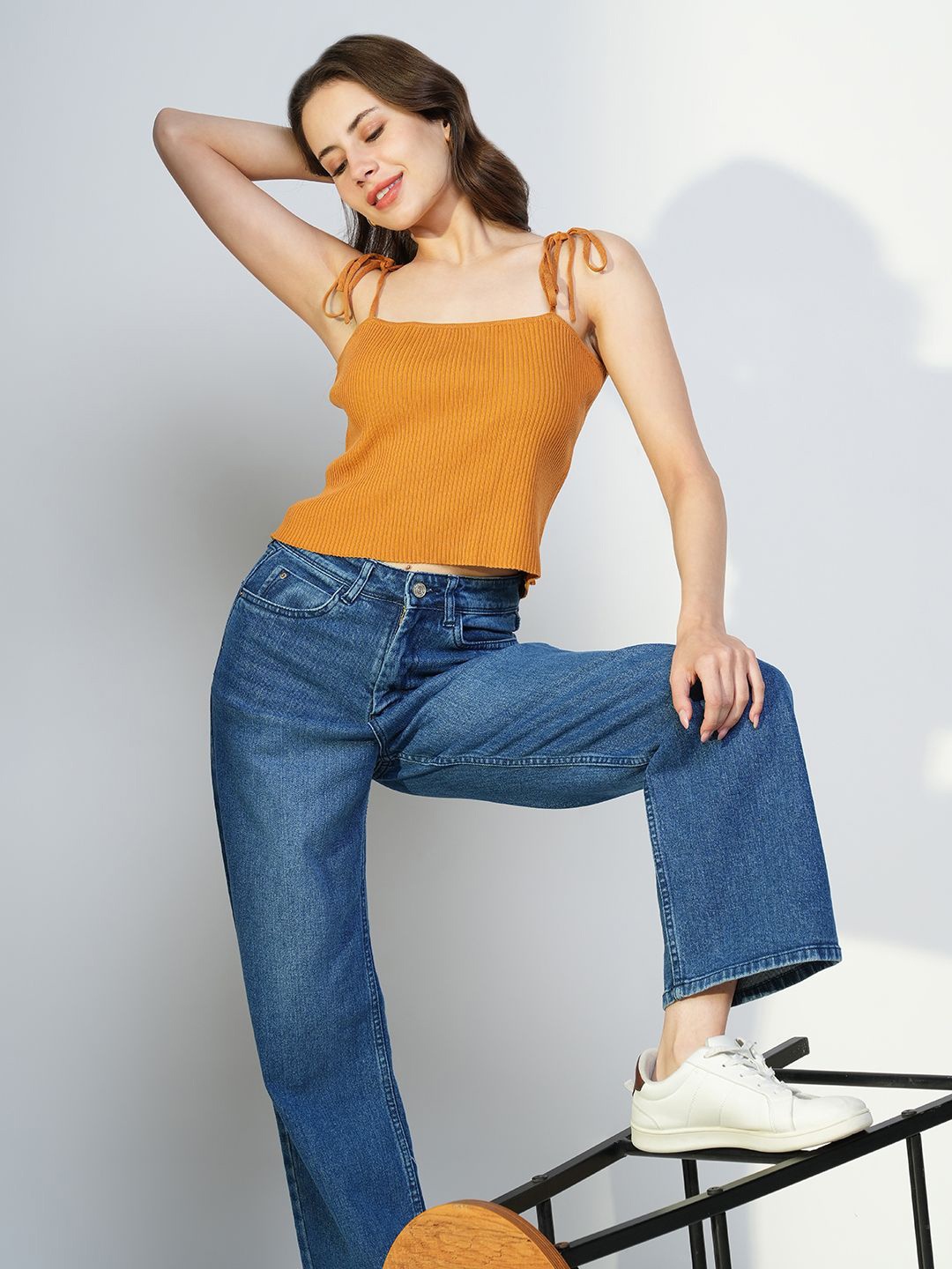 

SHOWOFF Shoulder Straps Crop Top, Mustard