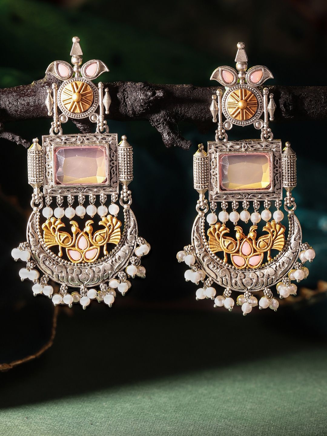 

Priyaasi Silver-Plated Oxidized Stone Studded & Beaded Contemporary Shaped Chandbalis