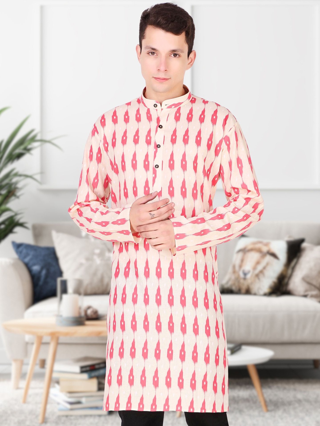 

SKAVIJ Ethnic Motifs Printed Band Collar Cotton Straight Kurta, Red