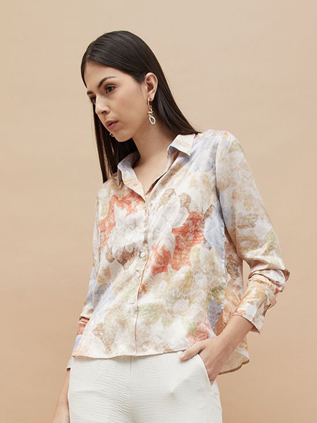 

CODE by Lifestyle Women Floral Printed Cuffed Sleeves Shirt Style Top, Beige