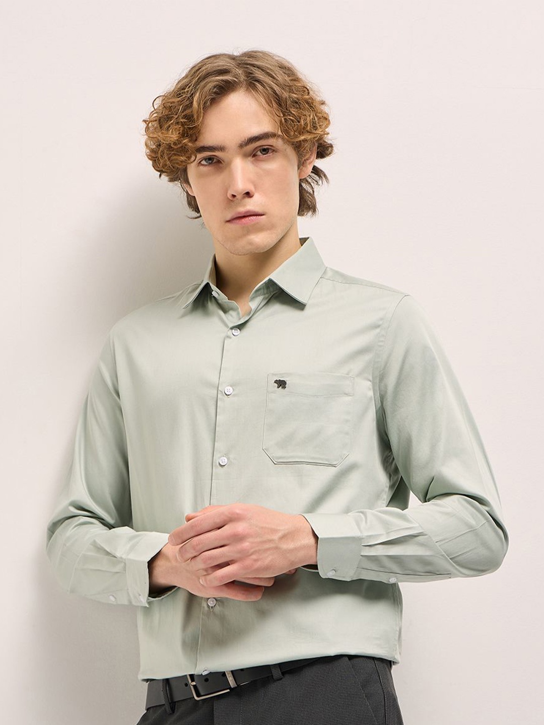 

THE BEAR HOUSE Tailored Fit Pure Cotton Formal Shirt, Green