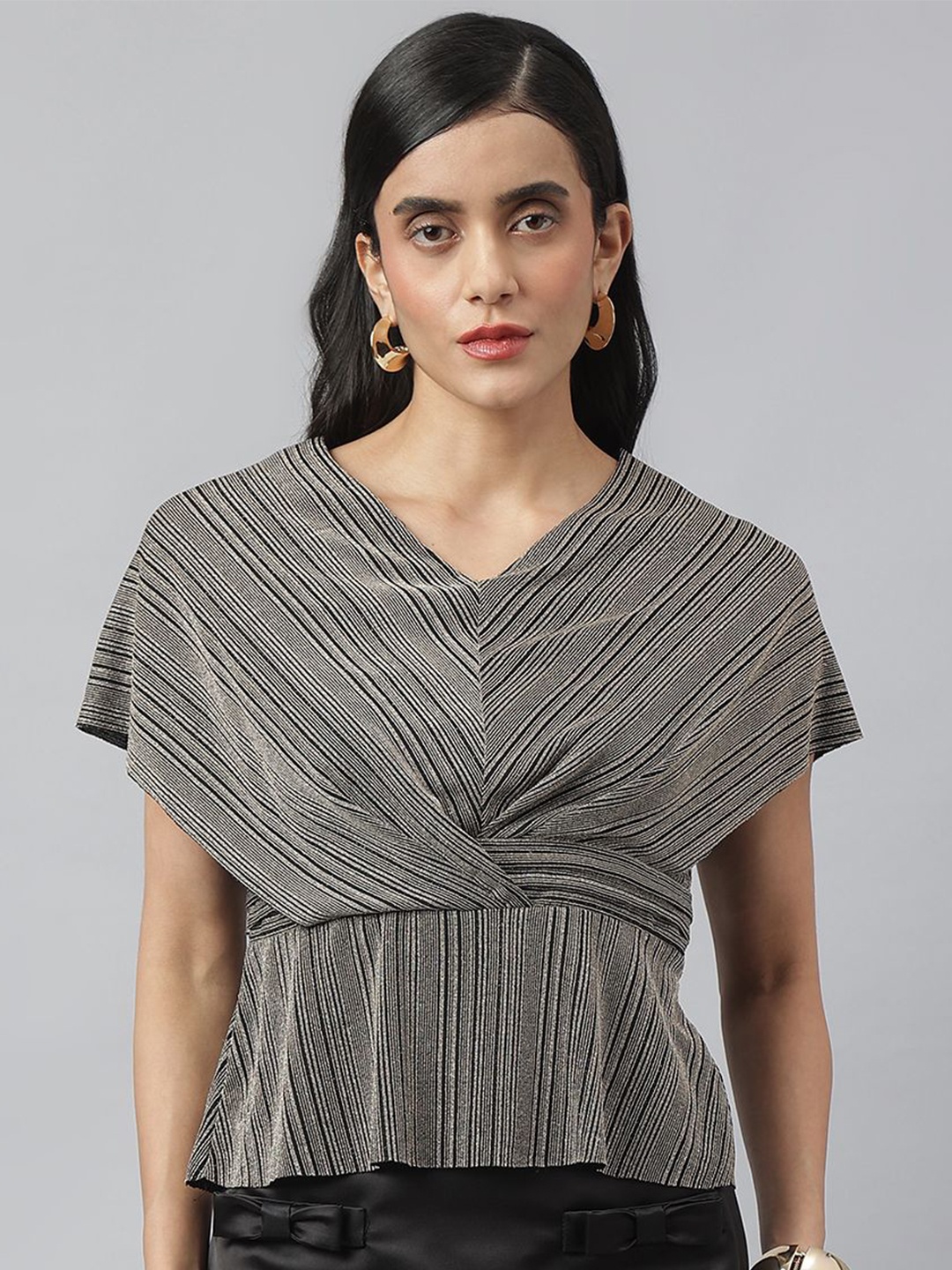 

Latin Quarters Women Striped Cinched Waist Top, Black