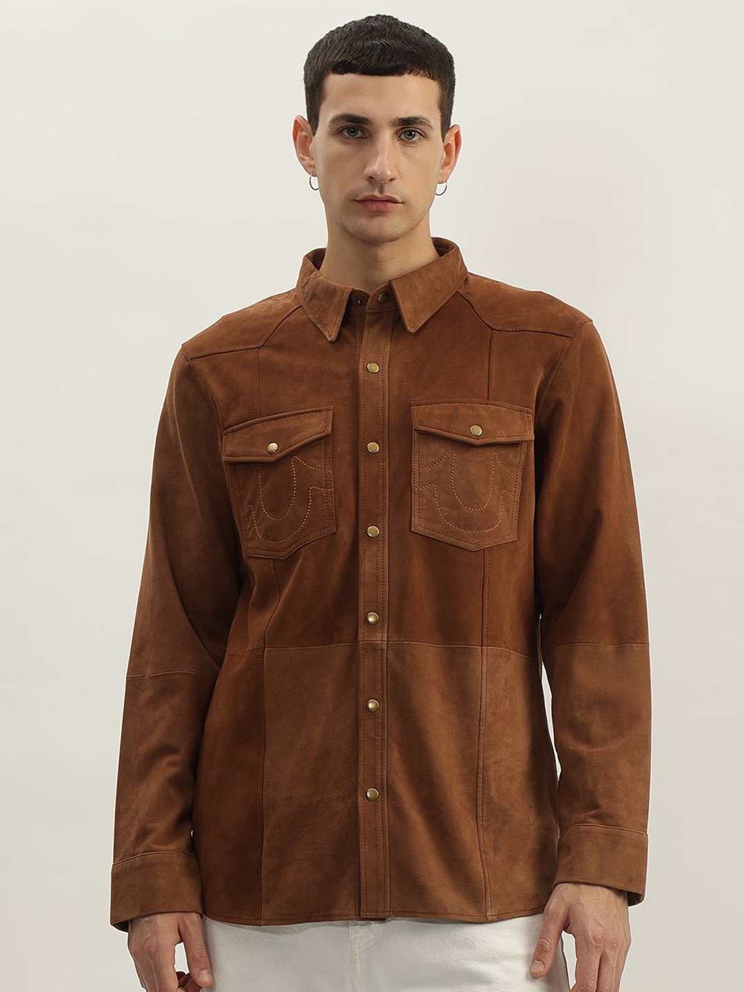 

True Religion Men Self-Design Pure Cotton Casual Shirt, Brown