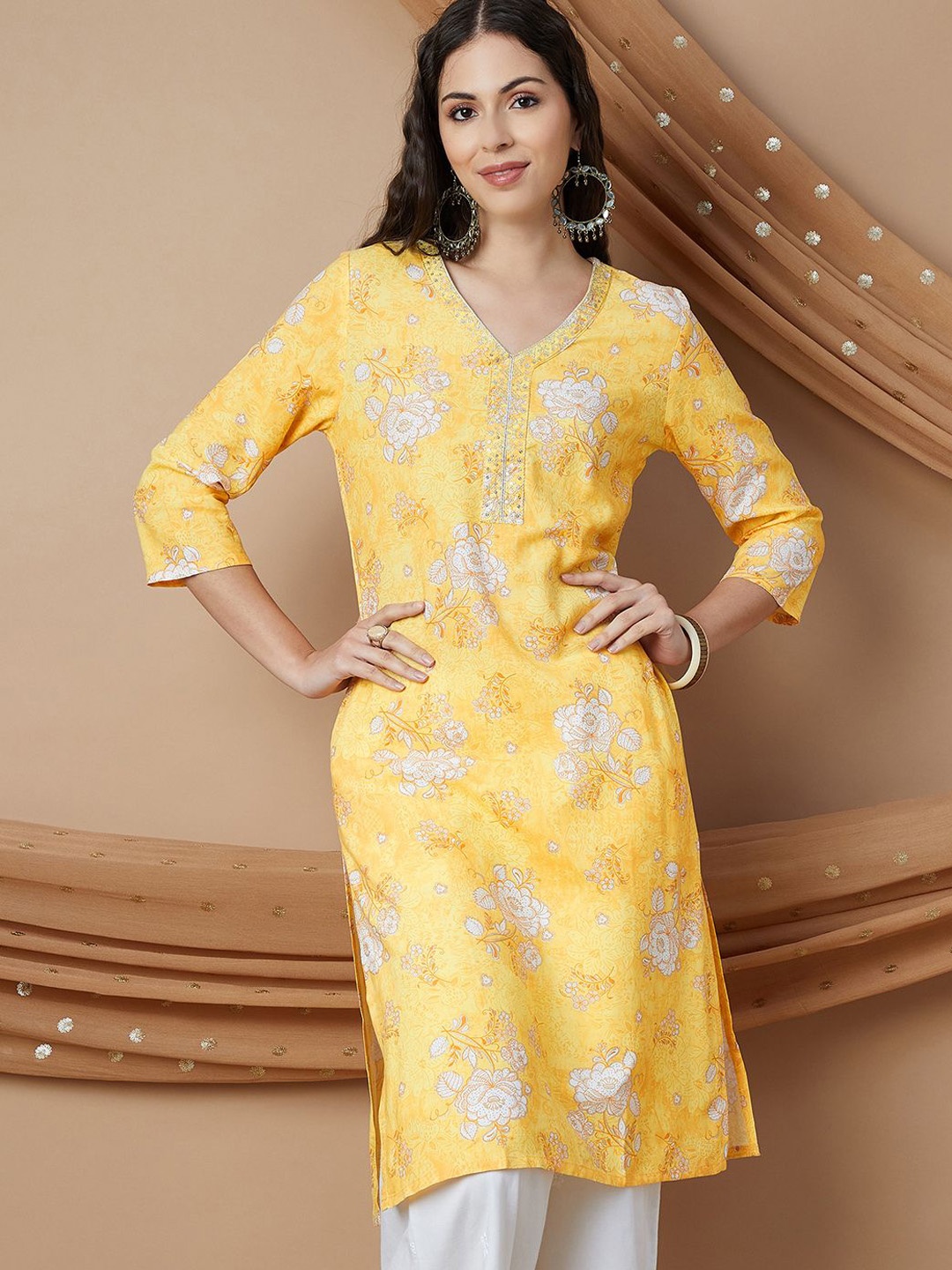 

Melange by Lifestyle Floral Printed Sequinned V-Neck Straight Kurta, Yellow