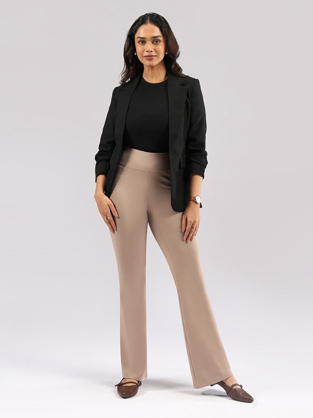 

Blissclub Women High-Rise Flared Regular Trousers, Cream