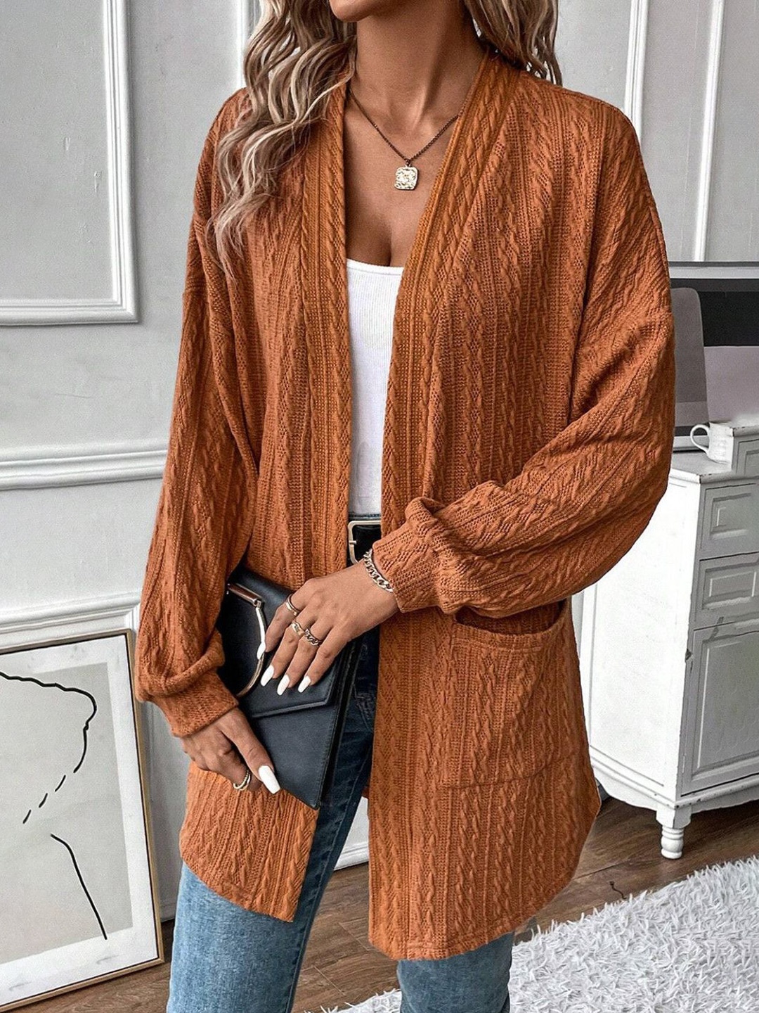 

StyleCast Women Self Design Cable Knit Longline Sweater, Rust