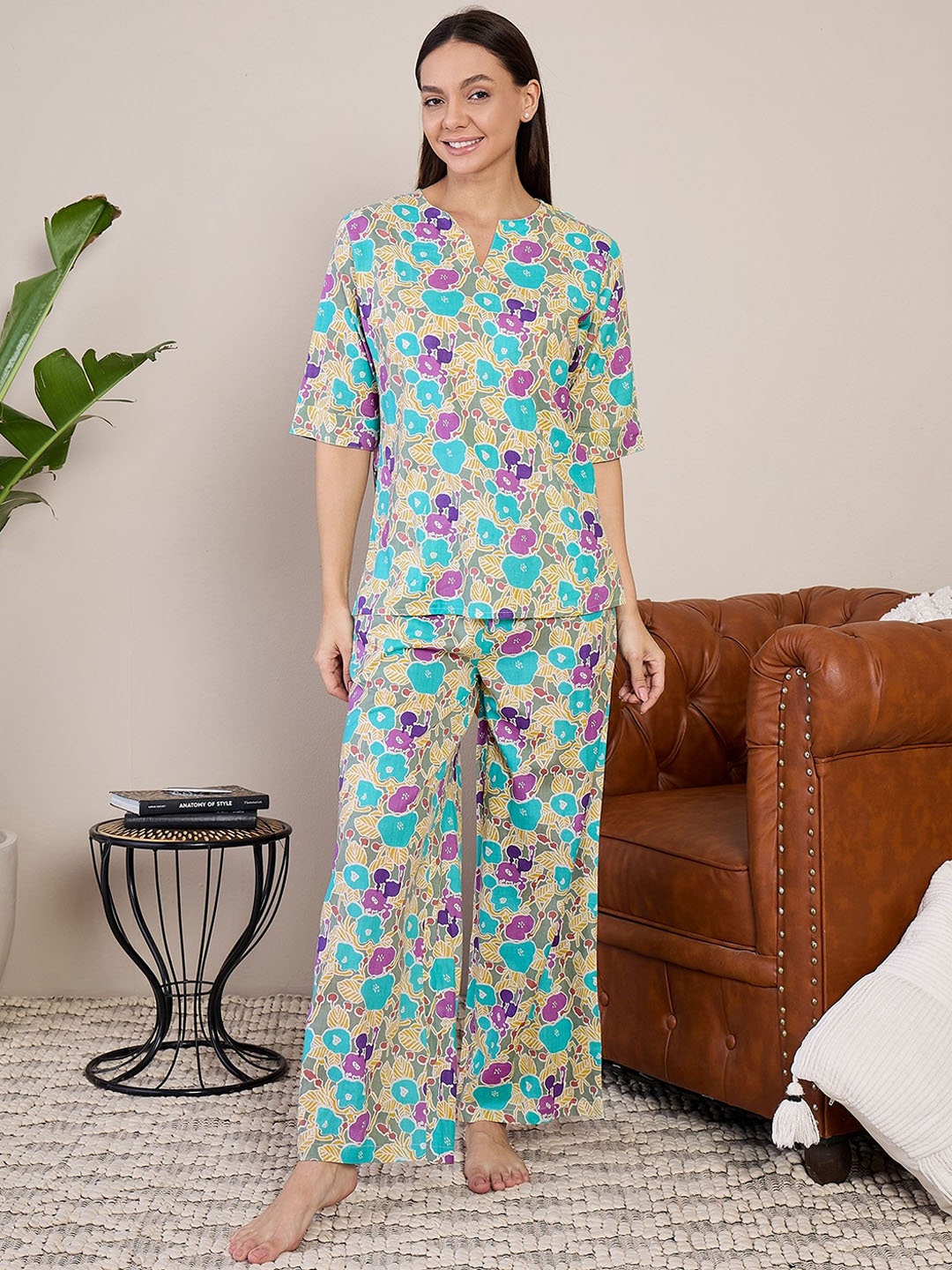 

July Women Pure Cotton Printed Kurti & Pyjamas Night suit, Green