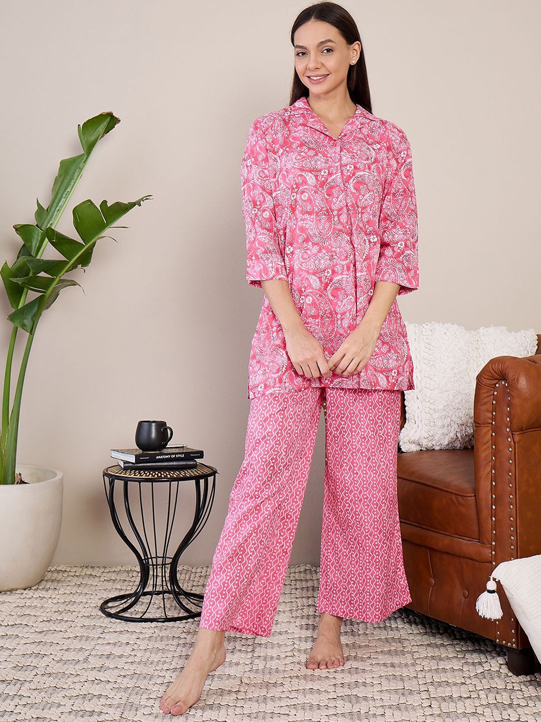 

July Women Pure Cotton Ethnic Motifs Printed Night suit, Pink