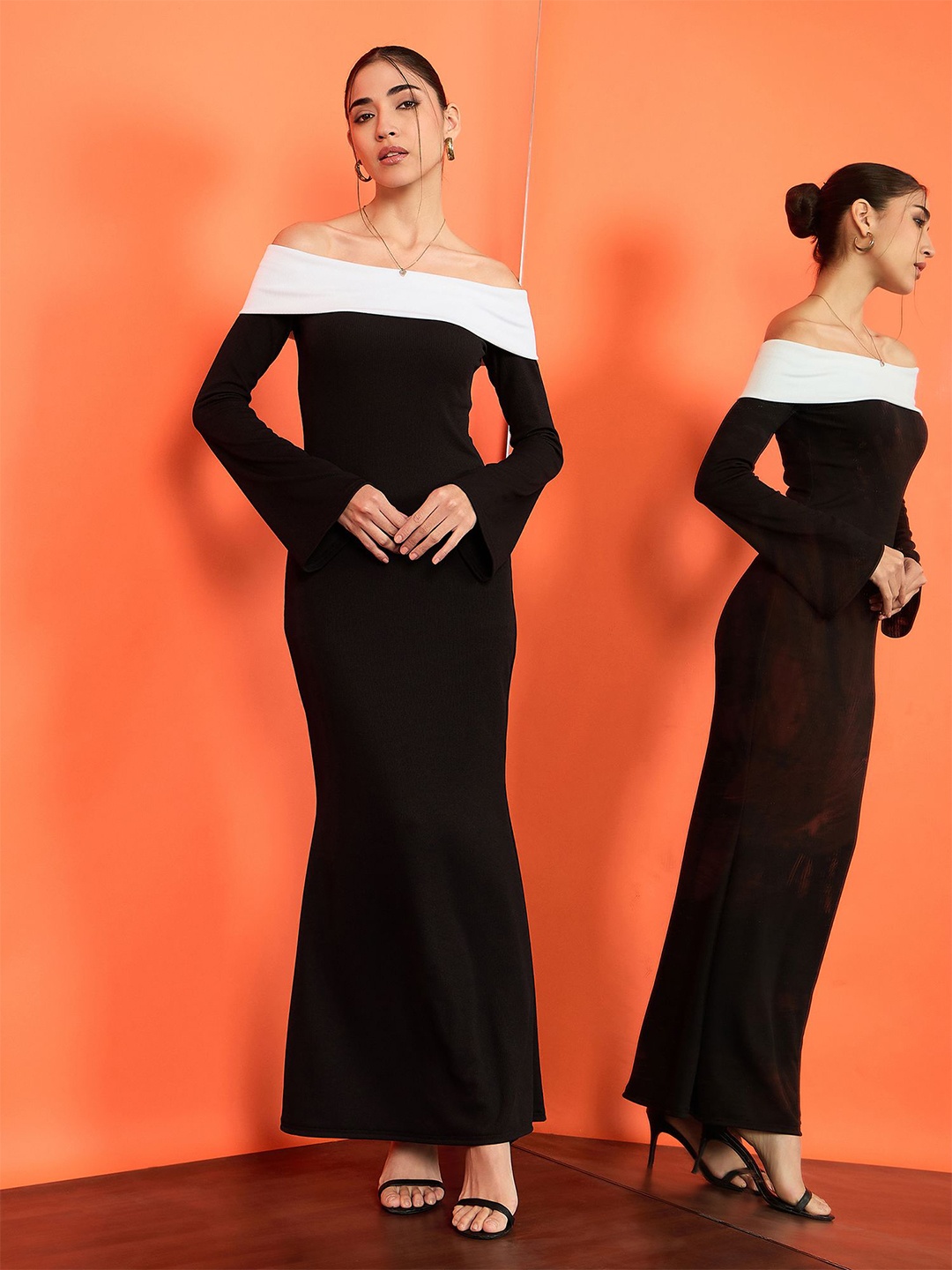 

Uptownie Contrast Off Shoulder Bodycon Maxi Dress, Black