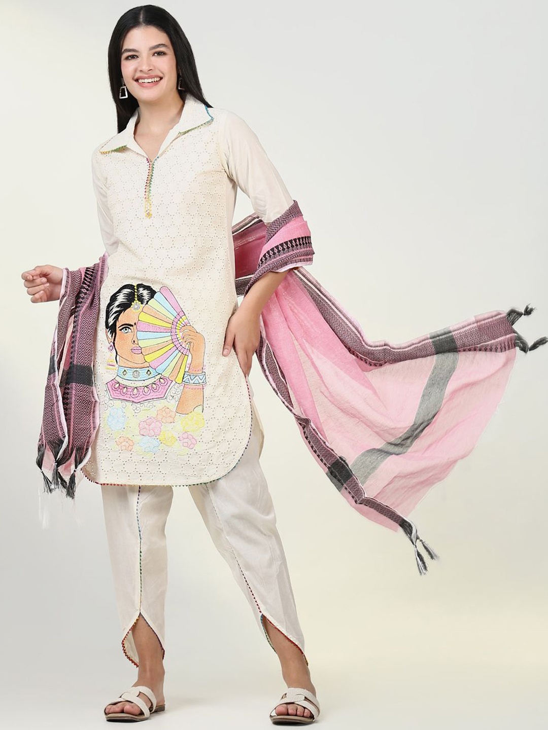 

SHOWOFF Shirt Collar Ethnic Motifs Self Design Straight Kurta with Dhoti Pants & Dupatta, Cream