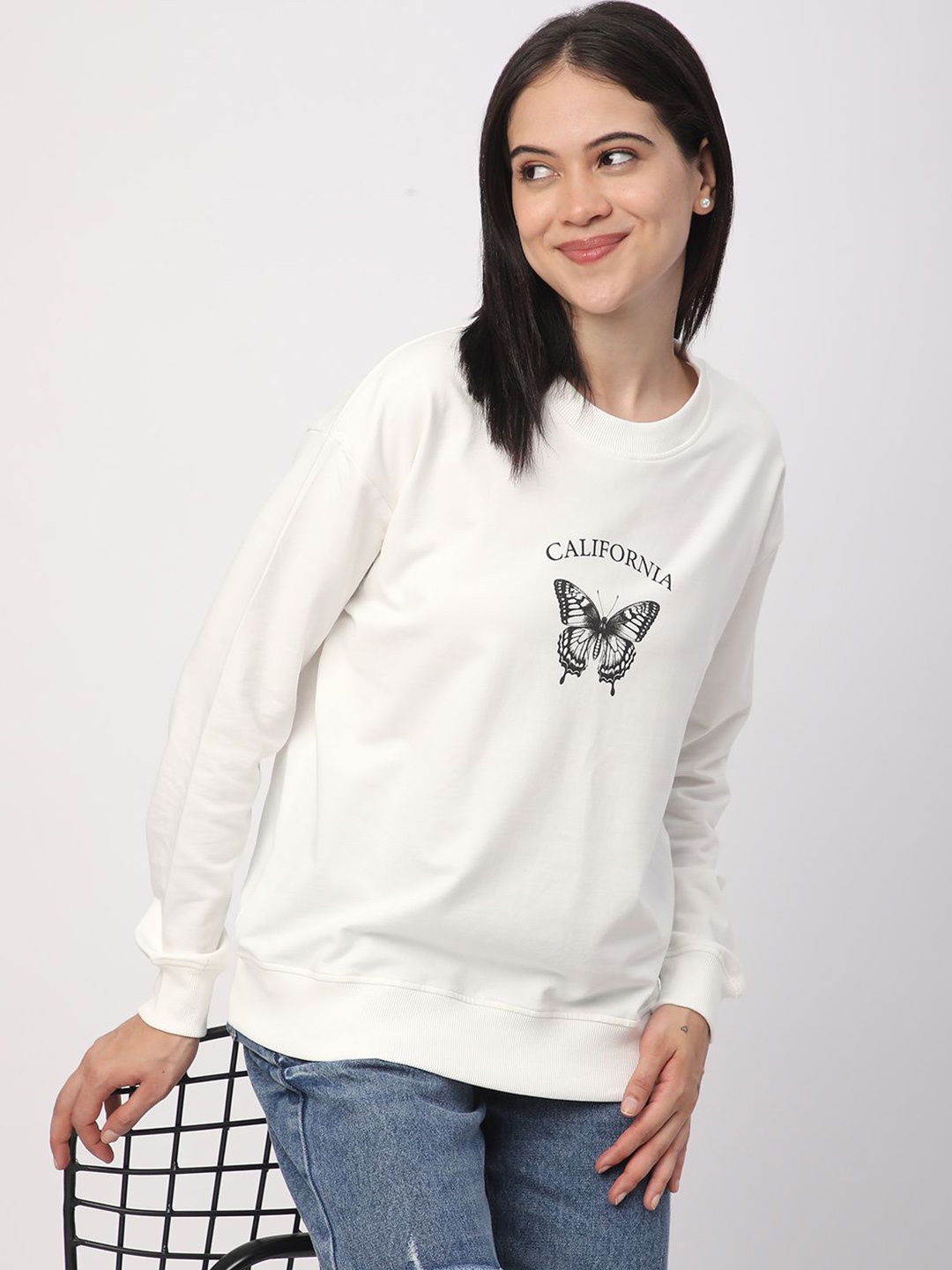 

R&B Women Cotton Printed Round Neck Long Sleeves Pullover Sweatshirt, White